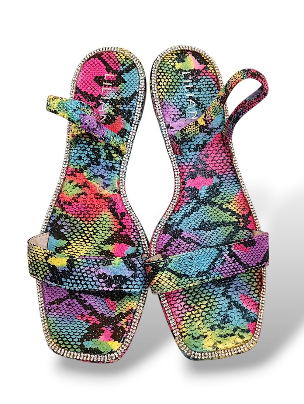 Liliana Snake Print Rhinestone Trim Flat Sandals Rainbow 8